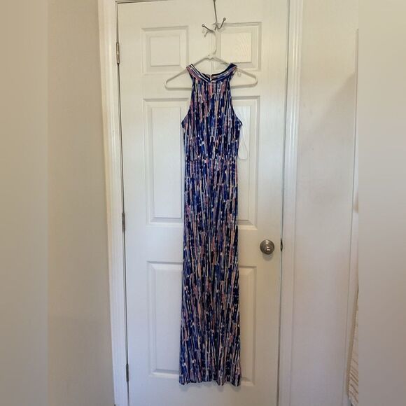 Eliza J Halter Neck Twist Front Blue Printed Maxi Dress Size 4 - Picture 5 of 7